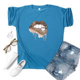 Green Fashion Casual Lips Printed Basic O Neck Tops