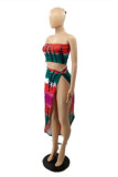 Red Fashion Sexy Print Tie Dye Backless Asymmetrical Strapless Sleeveless Two Pieces