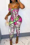 Rose Red Sexy Print Patchwork Strapless Sleeveless Two Pieces