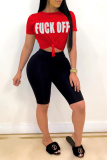 Red Casual Print Patchwork O Neck Short Sleeve Two Pieces