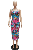 Red Sexy Print Patchwork Spaghetti Strap Pencil Skirt Dresses