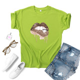 Green Fashion Casual Lips Printed Basic O Neck Tops
