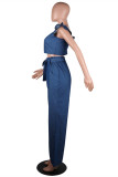 Blue Fashion Casual Solid Backless O Neck Sleeveless Two Pieces