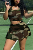 Army Green Sexy Sportswear Camouflage Print Vests U Neck Sleeveless Two Pieces