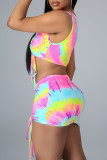 Colour Fashion Sexy Tie Dye Printing O Neck Sleeveless Two Pieces