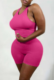 Rose Red Casual Sportswear Solid Vests O Neck Sleeveless Two Pieces
