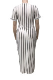 White Casual Striped Print Patchwork V Neck Straight Plus Size Dresses