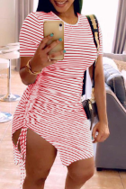 Red Casual Striped Split Joint O Neck Pencil Skirt Dresses