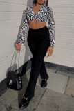 Black And White Fashion Casual Print Basic Turndown Collar Tops