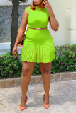 Fluorescent Green Sexy Gradual Change Patchwork Half A Turtleneck Pleated Dresses (With Belt)