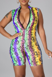 Rose Red Sexy Print Patchwork Zipper Collar Skinny Rompers