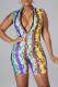 Yellow Sexy Print Patchwork Zipper Collar Skinny Rompers