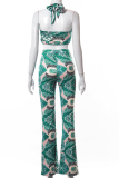 Green Sexy Print Split Joint Halter Sleeveless Two Pieces
