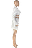 White Fashion Sexy Solid Bandage Asymmetrical V Neck Long Sleeve Two Pieces