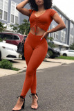 Tangerine Red Fashion Casual Solid Draw String V Neck Short Sleeve Two Pieces