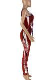 Red Blue Casual Print Patchwork U Neck Skinny Jumpsuits