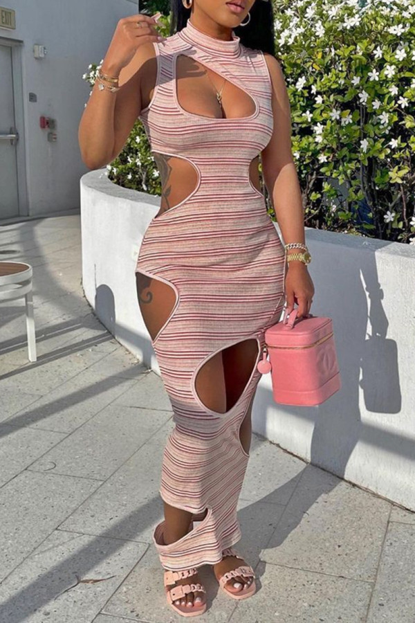 Pink Fashion Sexy Striped Print Hollowed Out Half A Turtleneck Sleeveless Dress