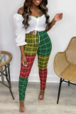 Multi-color Casual Plaid Patchwork Skinny High Waist Pencil Full Print Bottoms