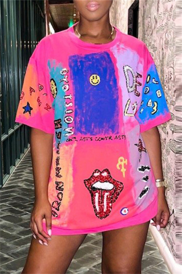 Rose Red Fashion Casual Print Basic O Neck T-Shirts