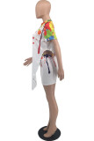 White Casual Print Asymmetrical O Neck Short Sleeve Two Pieces