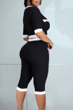 Black White Fashion Casual Patchwork Basic O Neck Half Sleeve Two Pieces