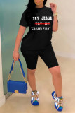 Black Fashion Casual Letter Print Basic O Neck Short Sleeve Two Pieces