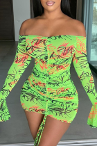 Green Sexy Print Split Joint Off the Shoulder Pencil Skirt Dresses
