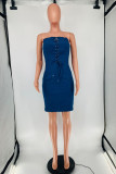 Blue Fashion Sexy Solid Frenulum Backless Strapless Sleeveless Dress
