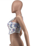White Fashion Sexy Print Backless Spaghetti Strap Tops