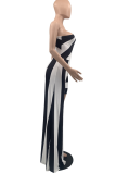 Black Sexy Striped Split Joint One Shoulder Straight Jumpsuits
