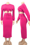 Rose Red Casual Solid Patchwork Frenulum Slit O Neck Long Sleeve Two Pieces