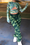Green Sexy Print Hollowed Out Patchwork O Neck Tops