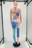 Pink Fashion Sexy Print Backless Strap Design Spaghetti Strap Sleeveless Two Pieces
