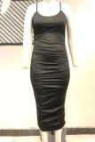 Black Sexy Solid Split Joint Fold Spaghetti Strap Sling Dress Plus Size Dresses