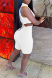 Light Blue Fashion Sexy Solid Hollowed Out See-through O Neck Short Sleeve Two Pieces