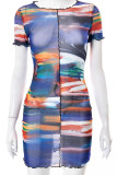Multicolor Sexy Print Patchwork See-through O Neck Pencil Skirt Dresses