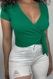 Blue Sexy Solid Bandage V Neck T-Shirts
