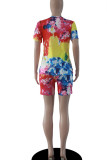 Colour Casual Print Tie Dye Patchwork O Neck Short Sleeve Two Pieces