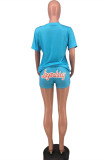 Light Blue Casual Letter Print Basic O Neck Short Sleeve Two Pieces