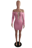 Pink Casual Solid Hollowed Out Off the Shoulder Pencil Skirt Dresses