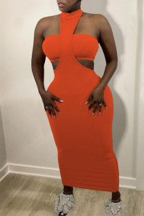 Orange Fashion Sexy Solid Hollowed Out Backless O Neck Sleeveless Two Pieces