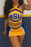 Yellow Sexy Sportswear Letter Print Backless Halter Sleeveless Two Pieces