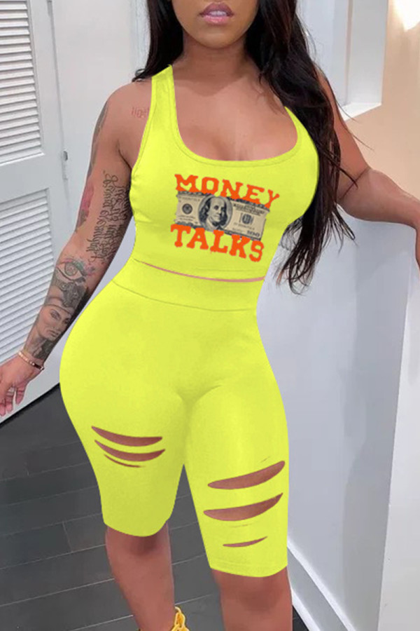 Yellow Fashion Casual Print Ripped U Neck Sleeveless Two Pieces