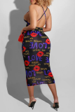 Red Sexy Print Patchwork Spaghetti Strap Pencil Skirt Dresses