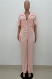 Pink Fashion Casual Solid Basic Turndown Collar Regular Jumpsuits
