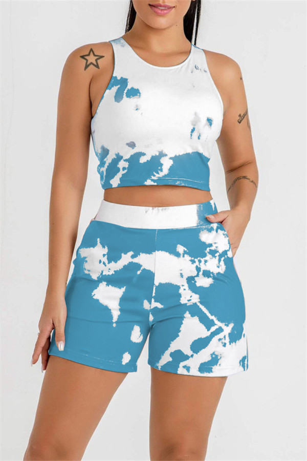 Peacock Blue Casual Sportswear Print Vests O Neck Sleeveless Two Pieces