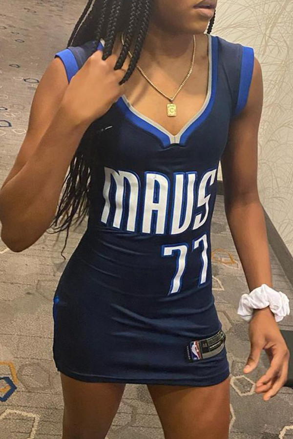 Deep Blue Casual Sportswear Letter Print Patchwork V Neck Vest Dress