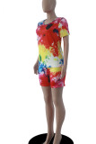 Colour Casual Print Tie Dye Patchwork O Neck Short Sleeve Two Pieces