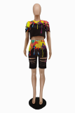Black Casual Patchwork Tie-dye O Neck Short Sleeve Two Pieces