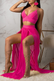 Red Sexy Solid Mesh Spaghetti Strap Sleeveless Two Pieces